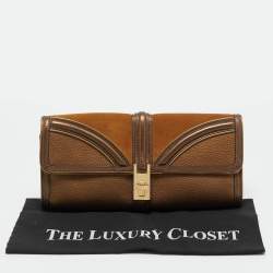 Pre Owned Burberry Brown/Bronze Leather and Suede Turnlock Flap Clutch 