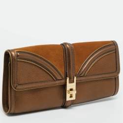 Pre Owned Burberry Brown/Bronze Leather and Suede Turnlock Flap Clutch 