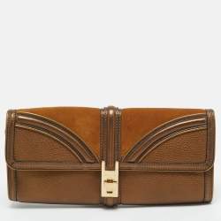 Pre Owned Burberry Brown/Bronze Leather and Suede Turnlock Flap Clutch 