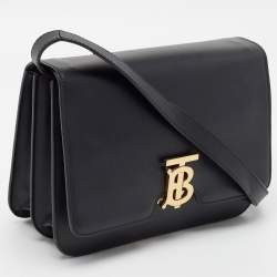 Pre Owned Burberry Black Leather Medium TB Shoulder Bag