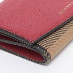 Pre Owned Burberry Beige/Red House Check Fabric and Leather Flap Wallet