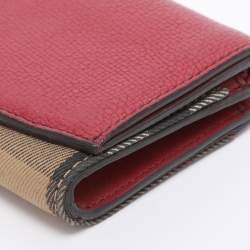 Pre Owned Burberry Beige/Red House Check Fabric and Leather Flap Wallet