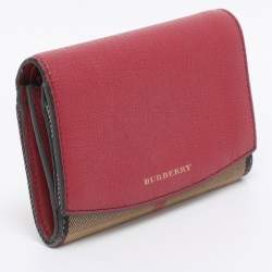 Pre Owned Burberry Beige/Red House Check Fabric and Leather Flap Wallet