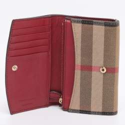 Pre Owned Burberry Beige/Red House Check Fabric and Leather Flap Wallet