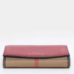 Pre Owned Burberry Beige/Red House Check Fabric and Leather Flap Wallet