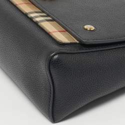 Pre Owned Burberry Black/Beige House Check Fabric and Leather Note Shoulder Bag