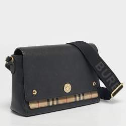 Pre Owned Burberry Black/Beige House Check Fabric and Leather Note Shoulder Bag