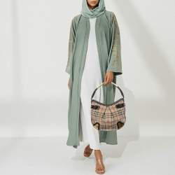 Pre Owned Burberry Brown/Beige Haymarket PVC and Leather Studded Hartley Hobo