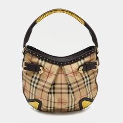 Pre Owned Burberry Brown/Beige Haymarket PVC and Leather Studded Hartley Hobo