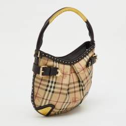 Pre Owned Burberry Brown/Beige Haymarket PVC and Leather Studded Hartley Hobo