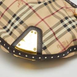 Pre Owned Burberry Brown/Beige Haymarket PVC and Leather Studded Hartley Hobo