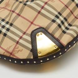 Pre Owned Burberry Brown/Beige Haymarket PVC and Leather Studded Hartley Hobo