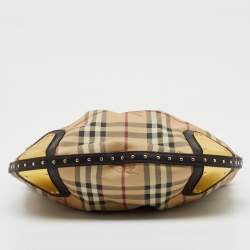 Pre Owned Burberry Brown/Beige Haymarket PVC and Leather Studded Hartley Hobo