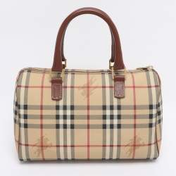 Pre Owned Burberry Beige/Brown Haymarket Check PVC and Leather Chester Boston Bag