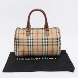Pre Owned Burberry Beige/Brown Haymarket Check PVC and Leather Chester Boston Bag
