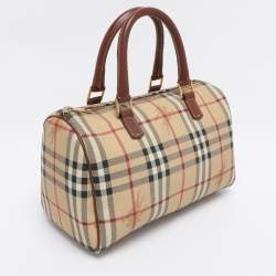 Pre Owned Burberry Beige/Brown Haymarket Check PVC and Leather Chester Boston Bag