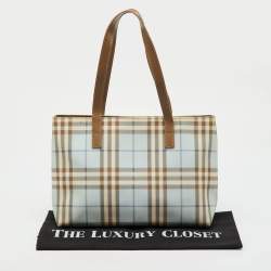 Pre Owned Burberry Light Blue/Brown Nova Check PVC and Leather Zip Tote
