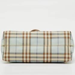 Pre Owned Burberry Light Blue/Brown Nova Check PVC and Leather Zip Tote