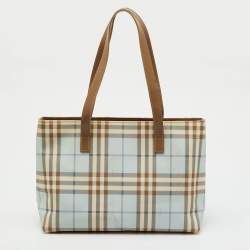 Pre Owned Burberry Light Blue/Brown Nova Check PVC and Leather Zip Tote