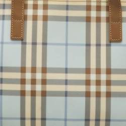 Pre Owned Burberry Light Blue/Brown Nova Check PVC and Leather Zip Tote