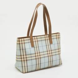 Pre Owned Burberry Light Blue/Brown Nova Check PVC and Leather Zip Tote