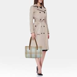 Pre Owned Burberry Light Blue/Brown Nova Check PVC and Leather Zip Tote