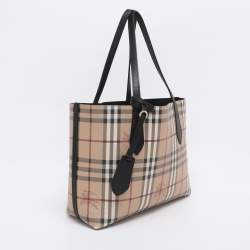 Pre Owned Burberry Beige/Black Haymarket Check PVC and Leather Lavenby Reversible Tote