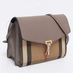 Pre Owned Burberry Taupe House Check Canvas and Leather Small Macken Crossbody Bag