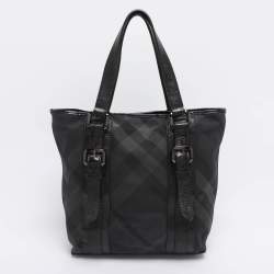 Pre Owned Burberry Black Nova Check Nylon And Patent Leather Small Lowry Tote