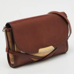 Pre Owned Burberry Brown/Beige Leather and Nova Check Canvas Abbott Crossbody Bag