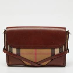 Pre Owned Burberry Brown/Beige Leather and Nova Check Canvas Abbott Crossbody Bag