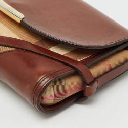 Pre Owned Burberry Brown/Beige Leather and Nova Check Canvas Abbott Crossbody Bag