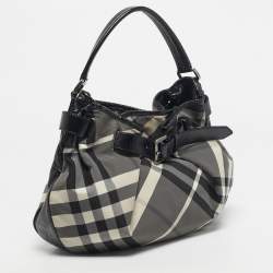 Pre Owned Burberry Black Smoked Check Nylon and Patent Leather Hobo