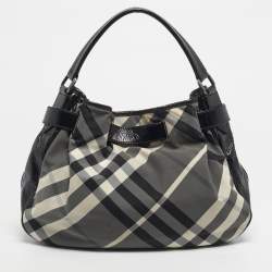 Pre Owned Burberry Black Smoked Check Nylon and Patent Leather Hobo