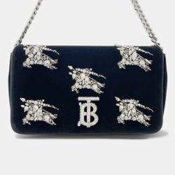 مملوكة مسبقًا Burberry Lola Bag TB Logo Crystal Bag Black Velvet Rhinestone
