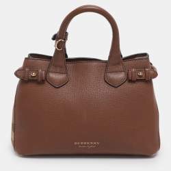Pre Owned Burberry Brown/Beige House Check Fabric and Leather Small Banner Tote