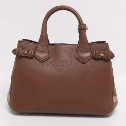 Pre Owned Burberry Brown/Beige House Check Fabric and Leather Small Banner Tote