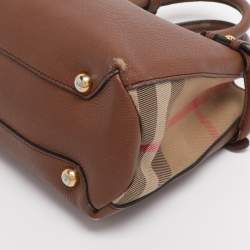 Pre Owned Burberry Brown/Beige House Check Fabric and Leather Small Banner Tote