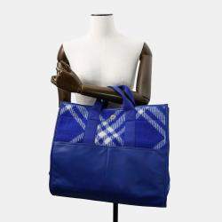 Pre Owned Burberry Check Blue Wool Leather Shopper Tote Bag