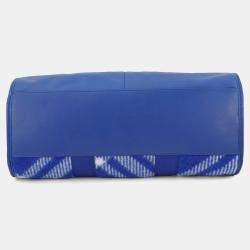 Pre Owned Burberry Check Blue Wool Leather Shopper Tote Bag