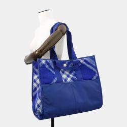 Pre Owned Burberry Check Blue Wool Leather Shopper Tote Bag