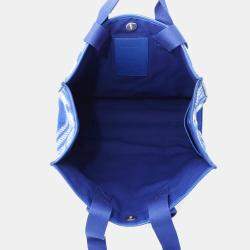 Pre Owned Burberry Check Blue Wool Leather Shopper Tote Bag