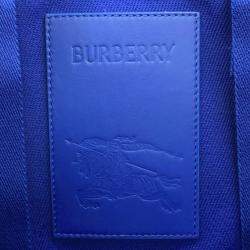 Pre Owned Burberry Check Blue Wool Leather Shopper Tote Bag