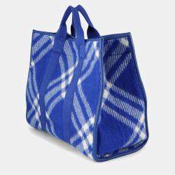 Pre Owned Burberry Check Blue Wool Leather Shopper Tote Bag