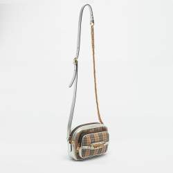 Pre Owned Burberry Silver/Beige 1983 Knight Check Fabric Chain Link Camera Bag