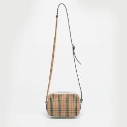 Pre Owned Burberry Silver/Beige 1983 Knight Check Fabric Chain Link Camera Bag