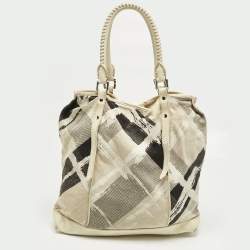 Pre Owned Burberry Cream/Off White Brushstroke Paint Canvas and Leather Snap Tote