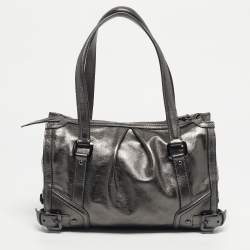 Pre Owned Burberry Metallic Grey Leather Pilgrim Tote
