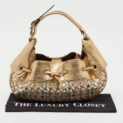 Pre Owned Burberry Gold/Beige Woven Leather and House Check Coated Canvas Warrior Hobo