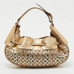 Pre Owned Burberry Gold/Beige Woven Leather and House Check Coated Canvas Warrior Hobo